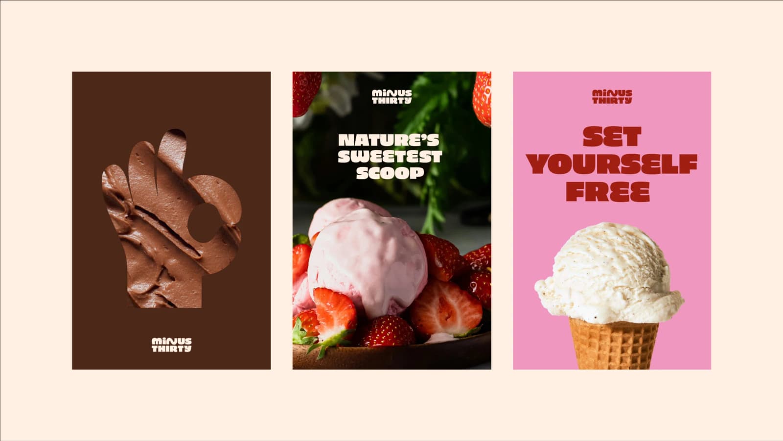 Campaign assets demonstrating the versatility of the Minus Thirty brand across messaging and visual styles.
