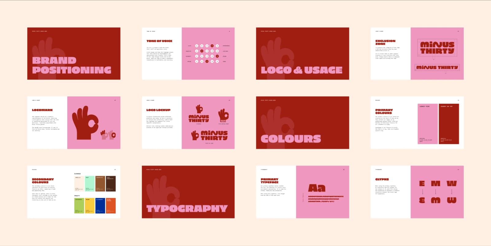Minus Thirty brand guidelines showing logo usage, colour palette, typography and tone of voice developed as part of the brand refresh