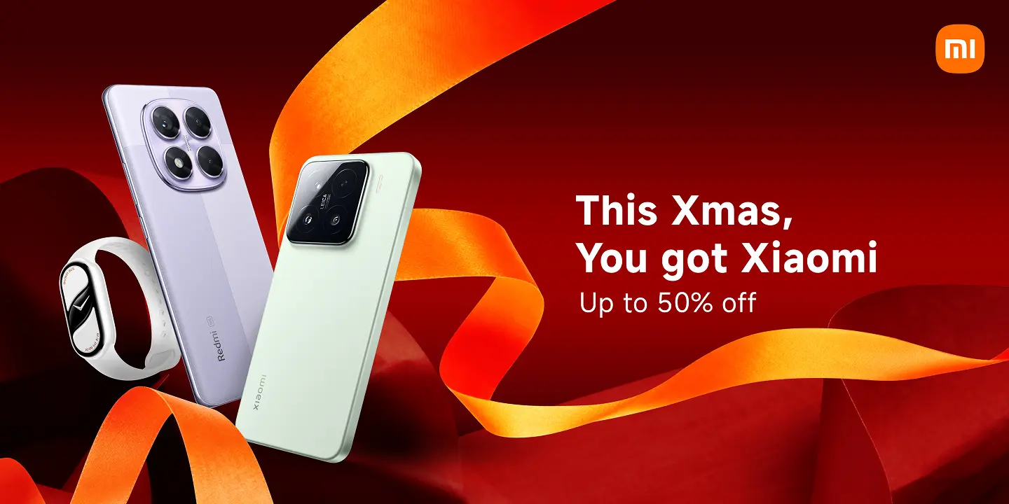 Xiaomi holiday promotional image featuring two smartphones and a smart band against a red festive background, highlighting a Christmas offer of up to 50 percent off.