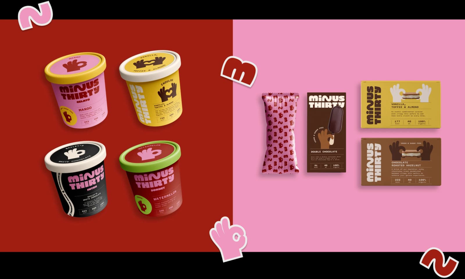 Minus Thirty gelato tubs, popsicles and ice cream sandwiches showcasing the refreshed brand identity across multiple product lines